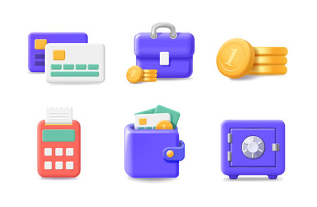 Money or financial vector icon set. Coin, money stack, wallet, safe box and payment P terminal 3d symbols.のイラスト素材