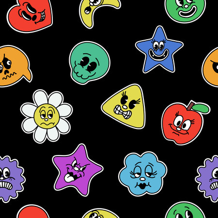 Cartoon characters background. Cute funny stickers. Smiling happy patches. Seamless vector pattern with comic heart, daisy flower, star, skull, abstract faces trendy retro style.のイラスト素材