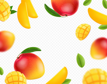 Mango falling background. Tropical fruit with blur effect. Defocused mango slices and leaves.のイラスト素材