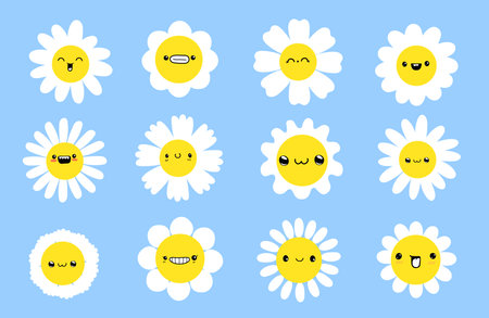 White daisy or chamomile cartoon faces. Cute and funny emoji set. Vector illustrationのイラスト素材