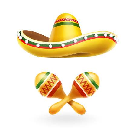 Sombrero and maracas. Cinco De Mayo. Mexican hat and maraca. Vectorのイラスト素材