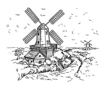Mill in rural landscape, hand drawn bakery Flour mill graphic. Vectorのイラスト素材