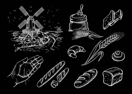 Hand drawn bakery, bread doodles on a chalkboard background. Windmill flour, wheat. Pastries retro elements Vectorのイラスト素材