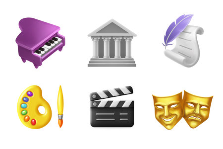 Art 3d icons set. Painting, misic, theater, dramatics, literatureのイラスト素材