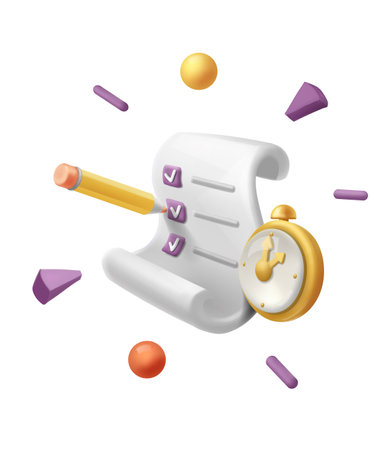 3d scroll to do list and pencil. Check list and clock. Planning project. vector illustrationのイラスト素材