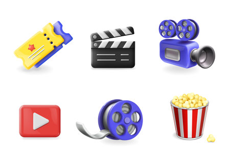 Cinema and Entertainment 3d Icons Set. Film production, clapper, movie camera, pop corn, show ticketsのイラスト素材
