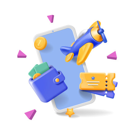 Phone with airplane. Travel concept. Ticket for flight, retro plane. Payment online via mobile wallet. realistic 3d Vector illustrationのイラスト素材