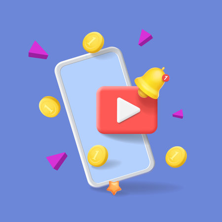 Video live streaming on mobile phone. Bell notification and online video. Social media and make money passive income. Smartphone, vlog icon, video content monetization 3d concept.のイラスト素材