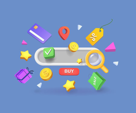 Online shopping e-commerce concept. Search bar with floating elements on blue background. Searching consumer goods. 3d vector illustrationのイラスト素材