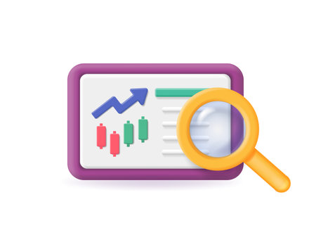 Market trend analysis and research. Stock screner. Candlestick chart and magnifying glass. Vector 3dのイラスト素材