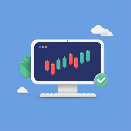 Stock market data analytics, Stock exchange on computer screen. Technical analysis candlestick chart. Investment concept 3dのイラスト素材
