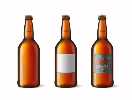Realistic bottles of beer set. Brown glass beer drink package vectorのイラスト素材