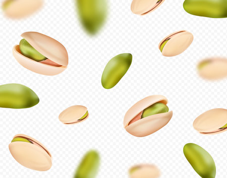 Pistachios falling on transpatent background. Realistic Background Pistachio nut blurred effect. 3d vectorのイラスト素材