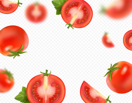 Falling tomato. Fresh red tomatoes falling on transparent background. ketchup advertising. Realistic 3d vectorのイラスト素材
