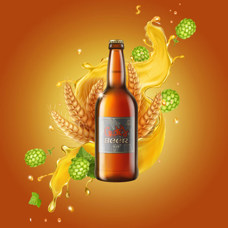 Craft wheat beer ads. Beer glass bottle, splashing alcohol, wheat and hops on shiny brown background. 3d realistic illustrationのイラスト素材