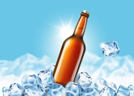 Beer ads, premium beer in glass brown bottle in ice cubes on blue background. Realistic vectorのイラスト素材