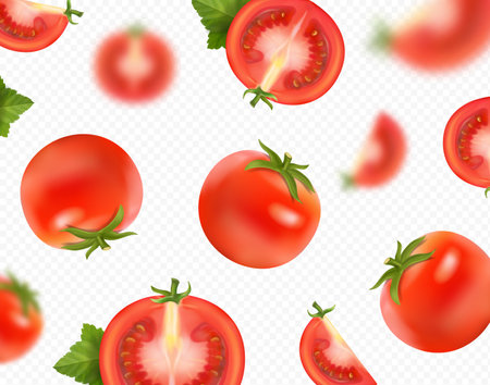 Falling tomato background. Red fresh tomatoes flying realistic vector illustration. Blurred effectのイラスト素材