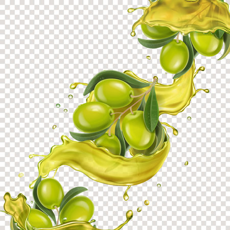 Olive oil splash with green olives branch. Cooking oil flow with drops realistic vector 3dのイラスト素材