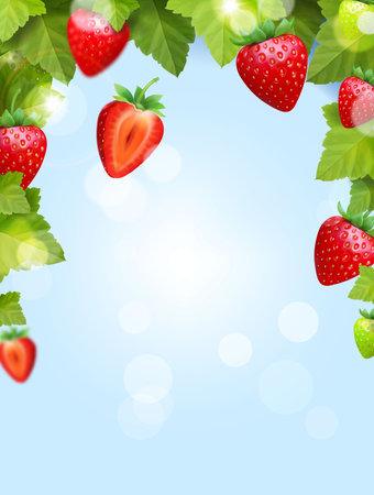 Red strawberry with leaves. Vertical banner with berries branches on blue background. Vector 3d realisticのイラスト素材