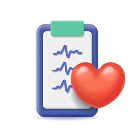 Heart pulse. Cardiogram on clipbord. Heartbeat document and red heart 3d icon. Heart pulse measuring. Vector illustration.のイラスト素材