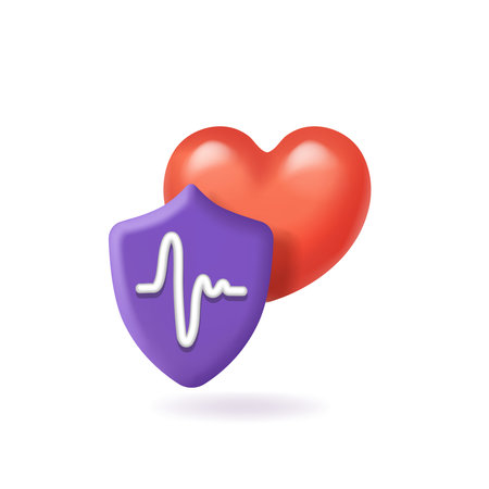 Heart protection symbol. Heart cardiogram on shield, pulse symbol. Cardio care 3d icon vector illustrationのイラスト素材