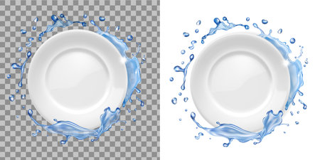 Clean plate in water splash. Dishwasher machinead poster, Clean white ceramic tableware. Shining crockery. 3d realistic vectorのイラスト素材