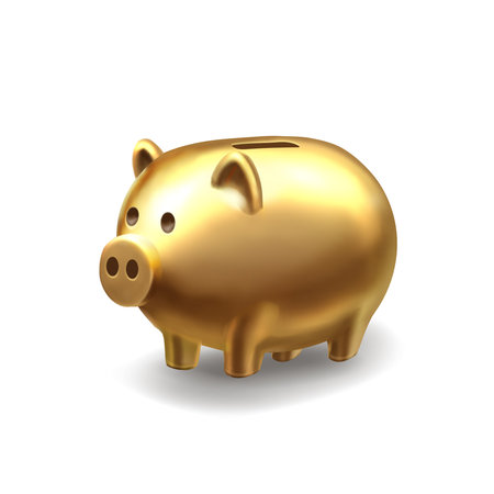 Gold piggy Bank. Golden realistic pig, saving money. Vector 3dのイラスト素材