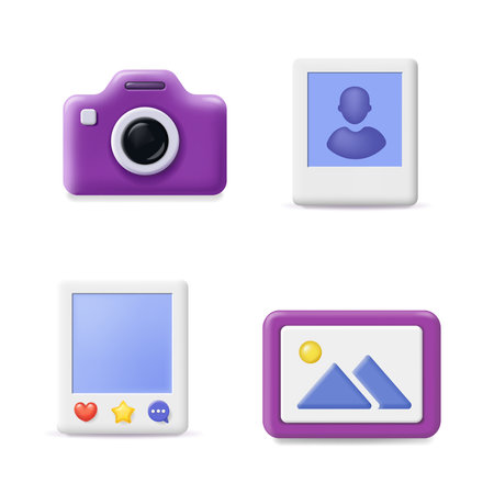 Photo gallery icons. Social media photo frame. Image Editing Related Vector photo camera signのイラスト素材