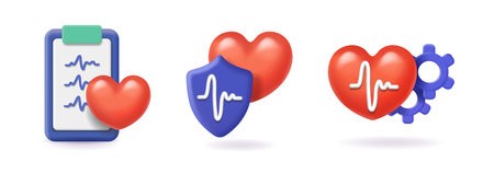 3D heart medical icon vector set, Cardio helthcare health sign, pulse line wave. Electrocardiogram hospital research vectorのイラスト素材