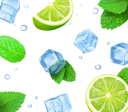 Realistic lime, ice cubes and mint falling. Mojito background vectorのイラスト素材