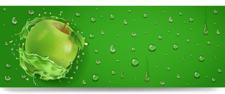 Green apple banner. Fresh apple in juice splash on green horizontal banner with dropsのイラスト素材