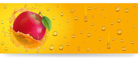 Red apple on yellow background with drops. Apple juice splash banner isolated on white background. Place for text. 3d vectorのイラスト素材