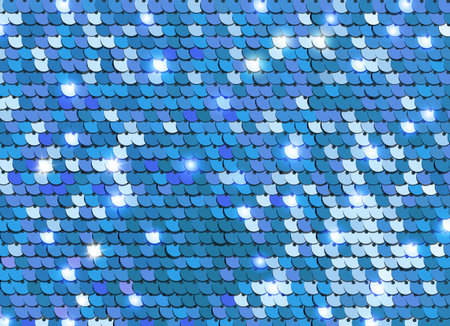 Shiny blue sequins or paillettes on fabric. Glittering sequined shining scales texture. Metallic backgroundのイラスト素材