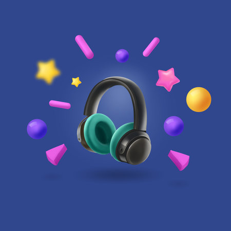 3d headphones with flying elements and stars. Listening music concept. Sound bang. Vector illustration.のイラスト素材