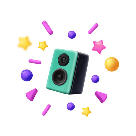 3d speaker in plastic cartoon style. Acoustic loudspeaker, bass woofer. Music concept Vector illustration.のイラスト素材