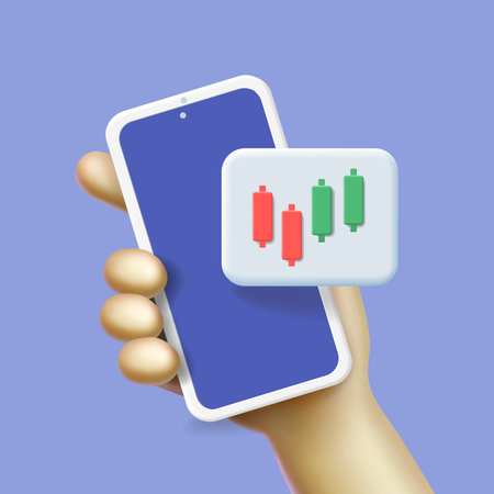 App for trading on the phone. Mobile stock market trading. Hand holds a smartphone with trade charts. Vector 3dのイラスト素材