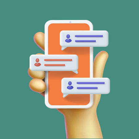 3D speech bubbles on mobile phone. Hand hold smartphone with chatting speech bubbles. Mobile messenger Comments. Vector icon illustrationのイラスト素材