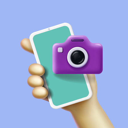 Phone photo icon. Hand hold Smartphone and camera icon. Mobile app for photo Selfie. Photography application 3d vectorのイラスト素材