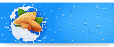 Milk liquid splashing with almonds seed isolated on blue background, Cosmetic almond nut essence. Yogurt. Vector realistic in 3d illustration.のイラスト素材
