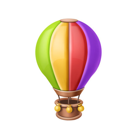 Hot air balloon 3d basket travel illustration on white background. Realistic aerostat colorful icon. Cartoon Aeronautics illustration vectorのイラスト素材