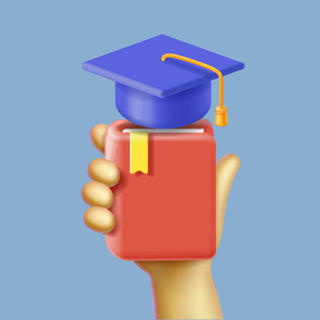Education concept. Hand holding book and graduation cap. Educational icon, cartoon 3d learning illustrationのイラスト素材