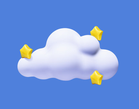 Cloud with yellow 3d stars icon isolated on blue background. Sleeping time icon. Soft round cartoon fluffy cloud Vector illustrationのイラスト素材