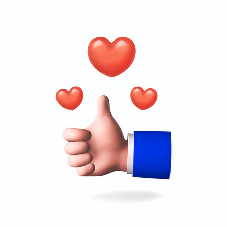 Cartoon hand thumb up gesture with heart.. 3d cartoon like icon Positive feedback. Like sign, good rating. Best review. Approved symbol vector illustrationのイラスト素材