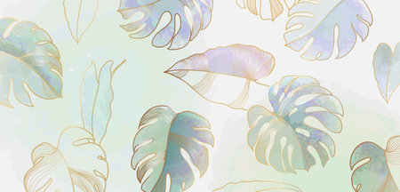 Luxury art background with hand drawn tropical leaves. Golden line and watercolor monstera palm leaves. Summer botanical design with gold line artのイラスト素材