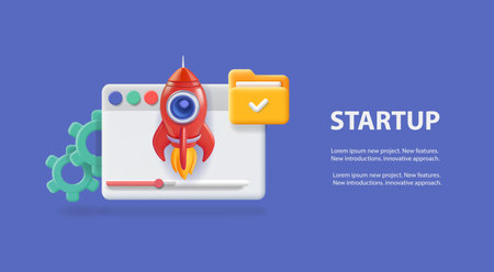 Rocket space startup, Web browser start up launching product. landing page web site, Vector 3d illustrationのイラスト素材