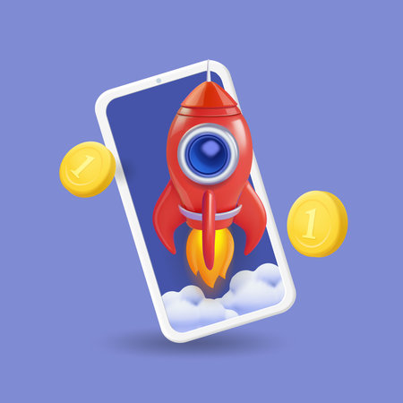 Rocket launching from smartphone with money coins. Spaceship launch. Mobile safe service startup,...
