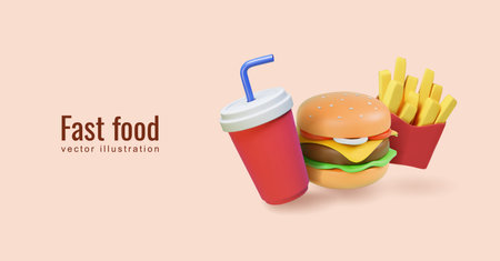 3d fast food banner. Cola burger and French fries poster. Realistic vectorのイラスト素材