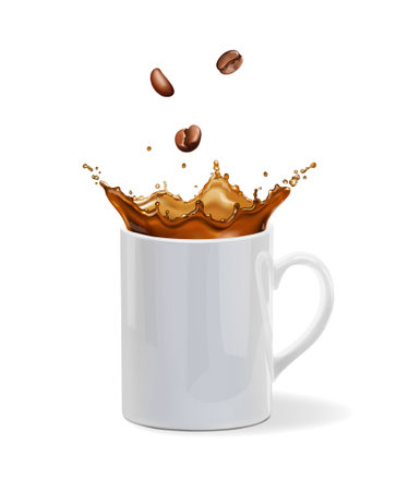 Coffee cup 3D realistic isolated. Coffee beansのイラスト素材