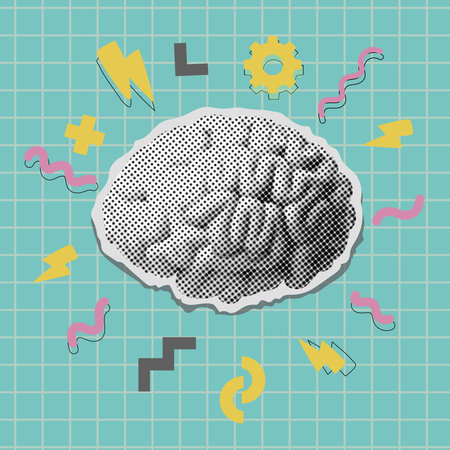 Human brain halftone pop art illustration. Torn out newspaper scrap with human brain. Business Idea, Creative thinking brainstorming dotted trendy illustration. Retro effect.のイラスト素材
