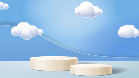 3D rendering round stage with cartoon clouds and white podium clouds. light blue papercut background empty posterのイラスト素材